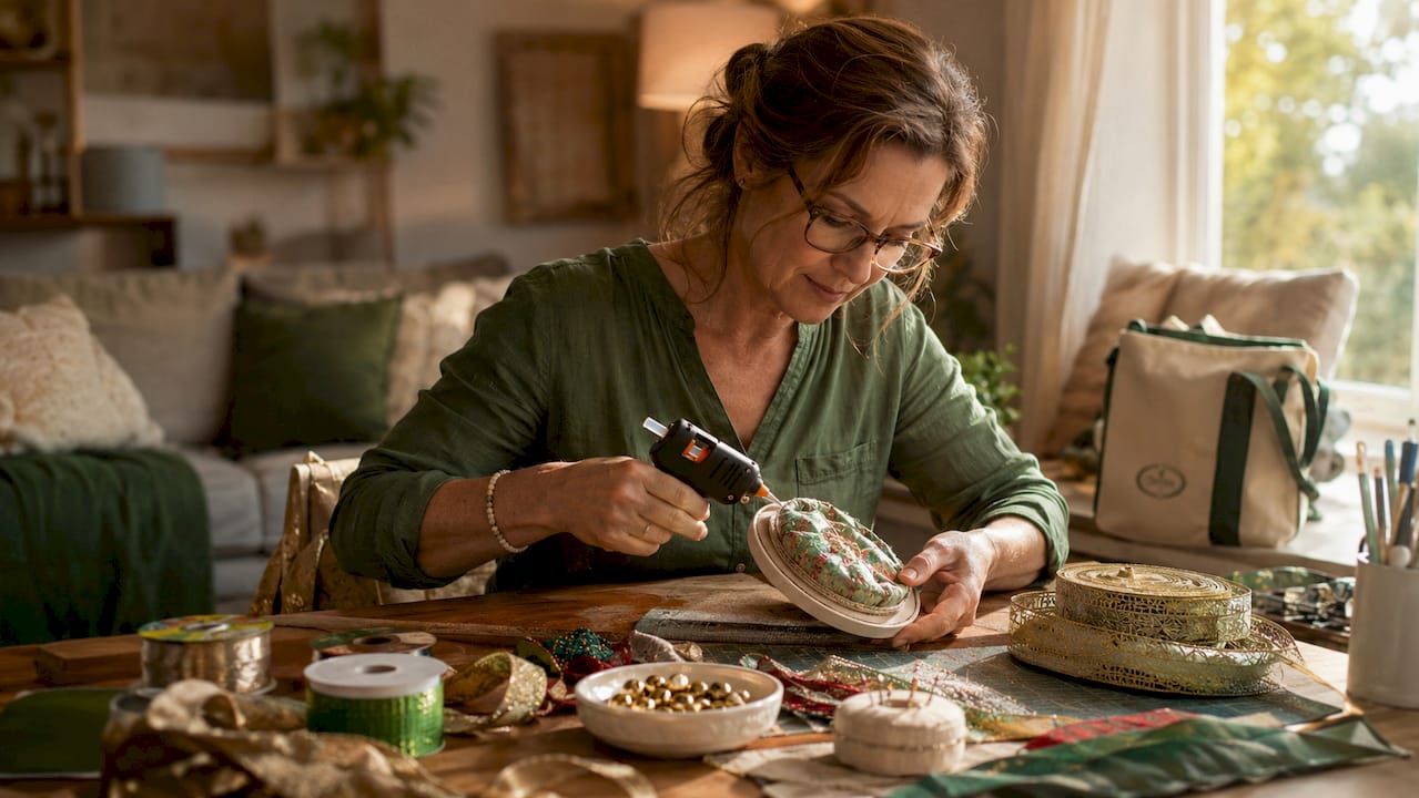 Woman finishing cross stitch ornament with glue