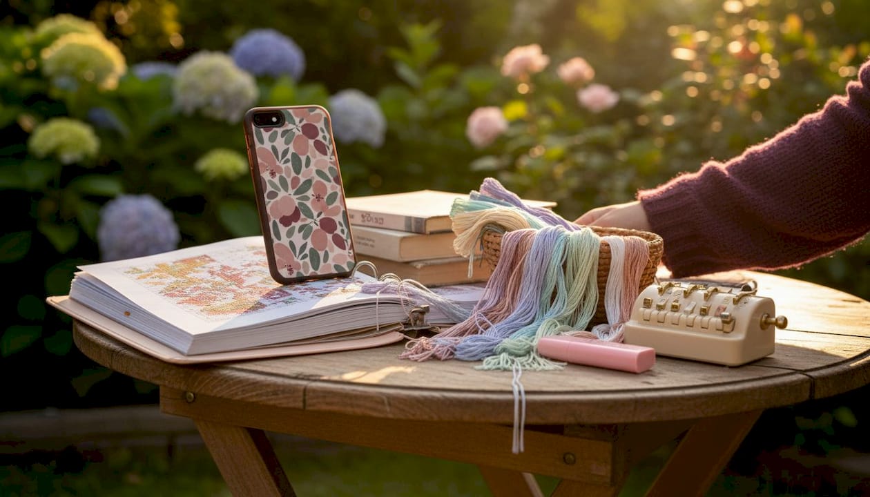 Workspace with cross stitch tools and digital device