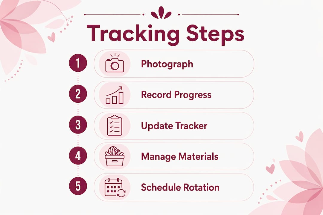 Infographic illustrating steps to track multiple cross stitch WIPs