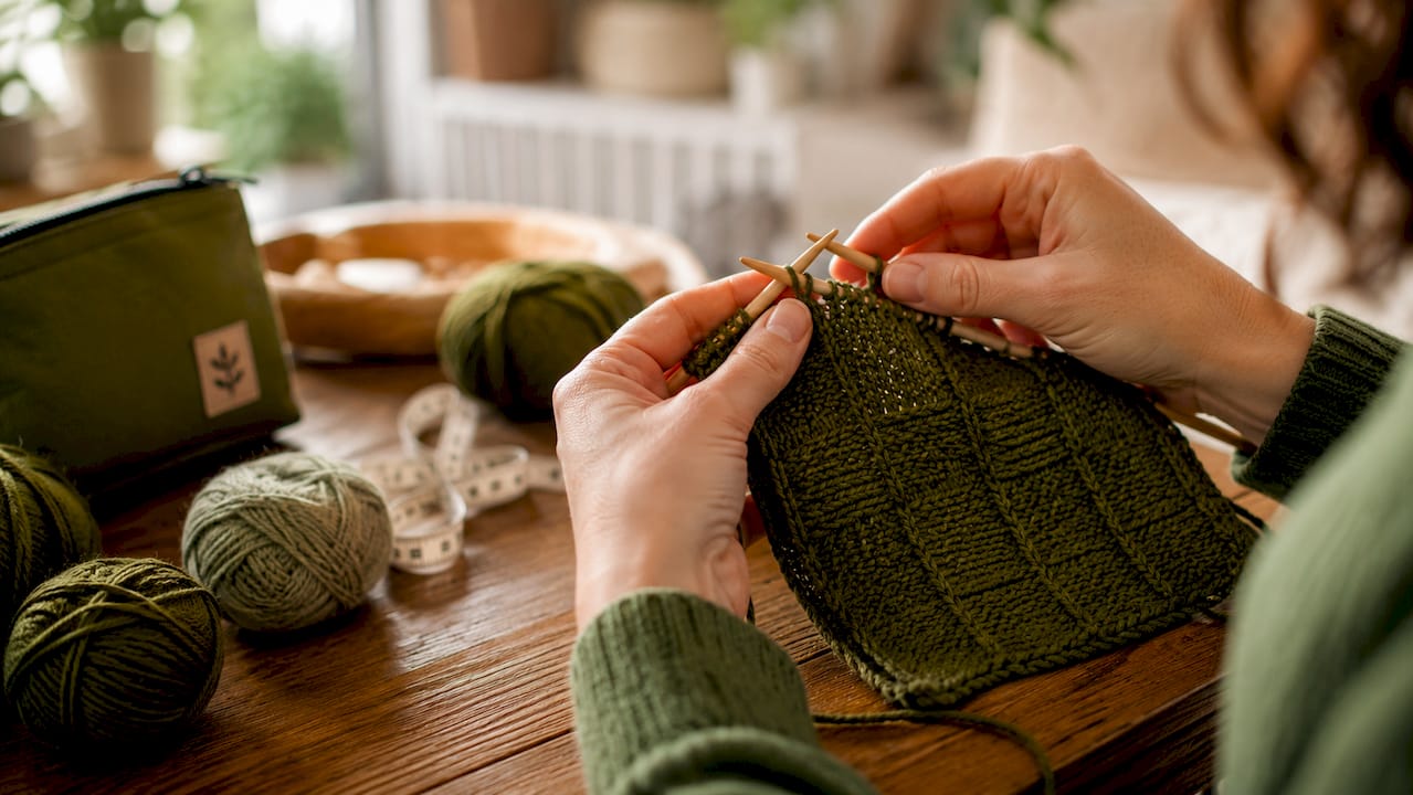 Close-up of hands knitting tiled stitch pattern