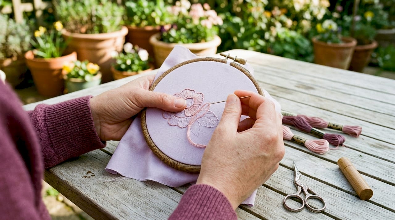 Close-up hands stitching on quilting fabric
