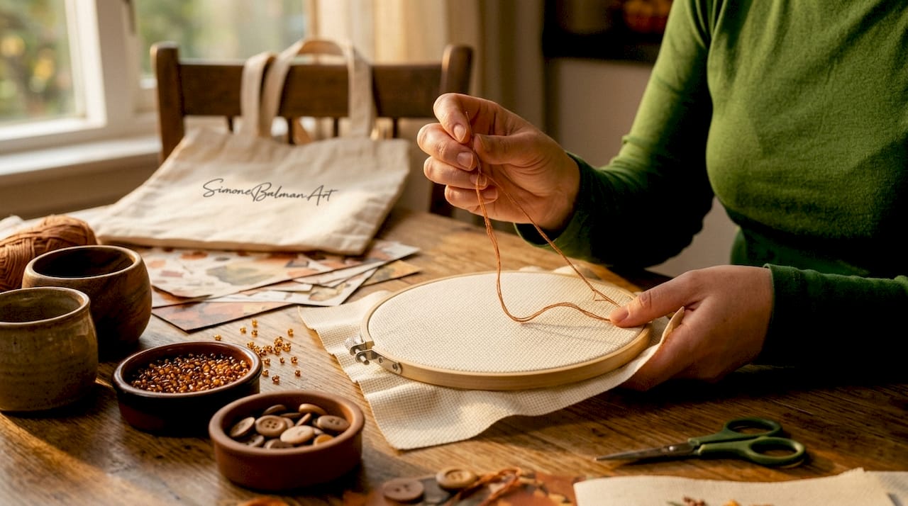 Hands threading needle for autumn cross stitch
