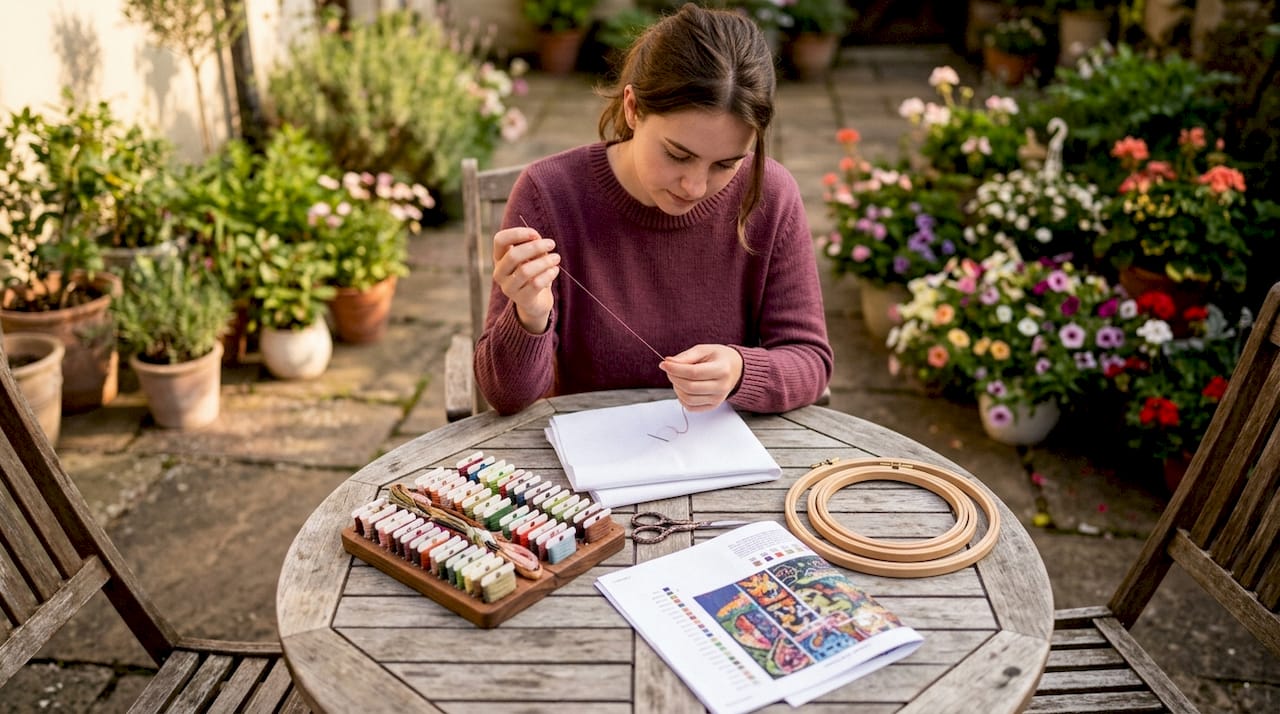 Cross stitch beginner threading needle at table