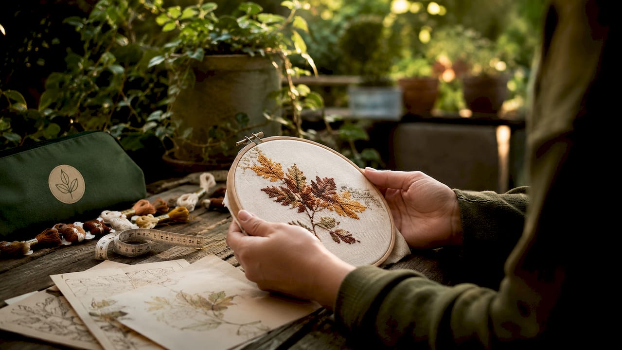 Hands stitching four-part seasonal cross stitch design