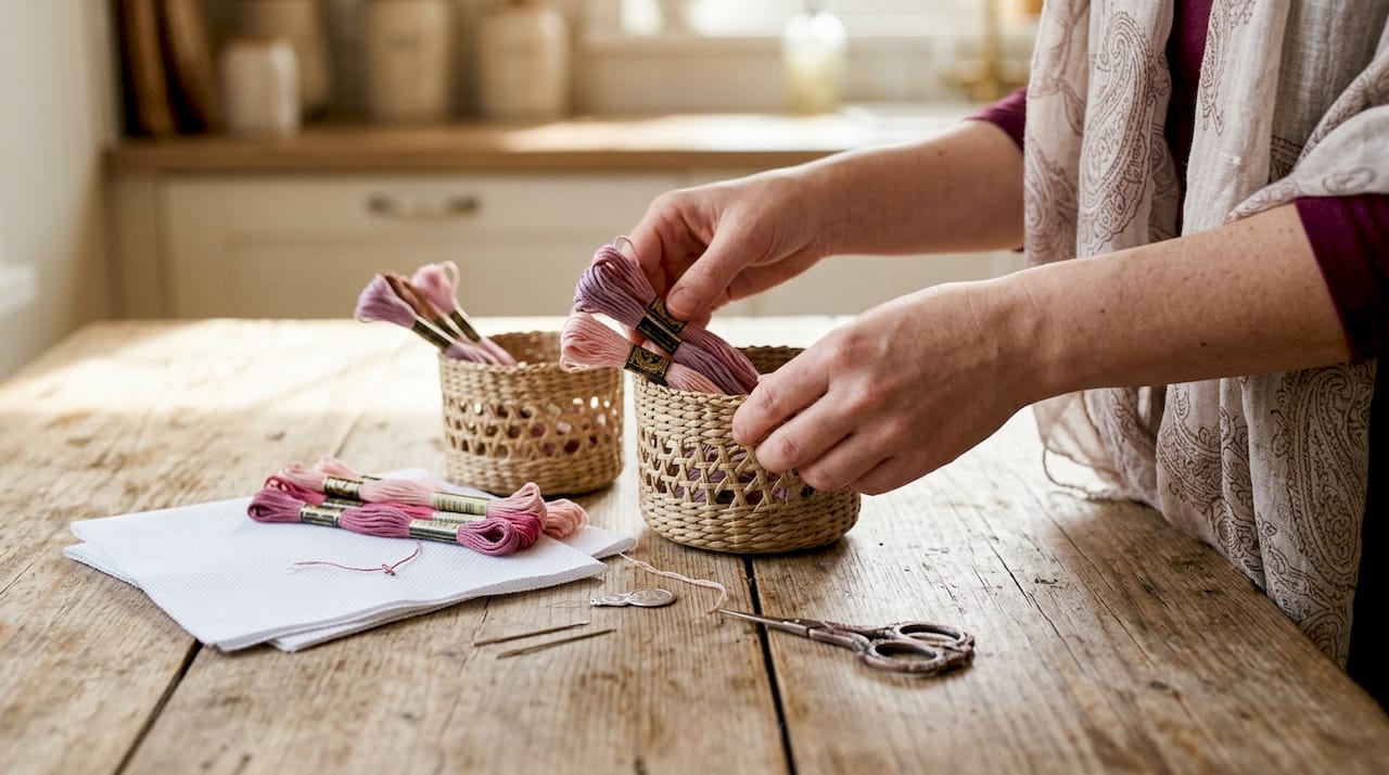 Close-up of hands organizing essential cross stitch supplies