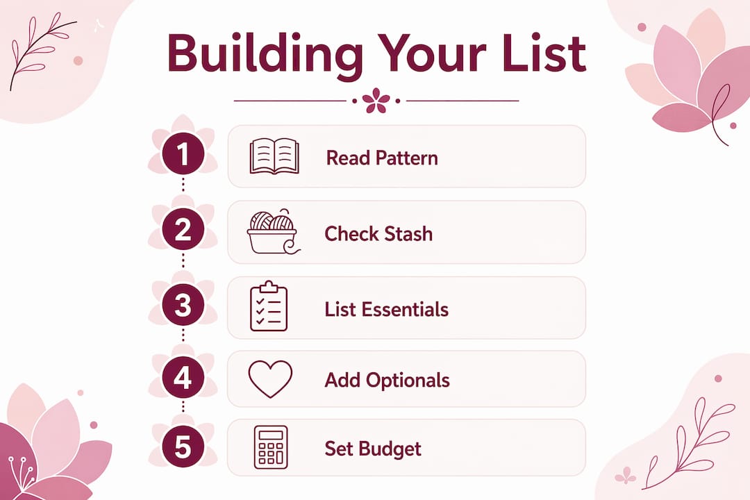 Infographic showing steps to build a cross stitch shopping list