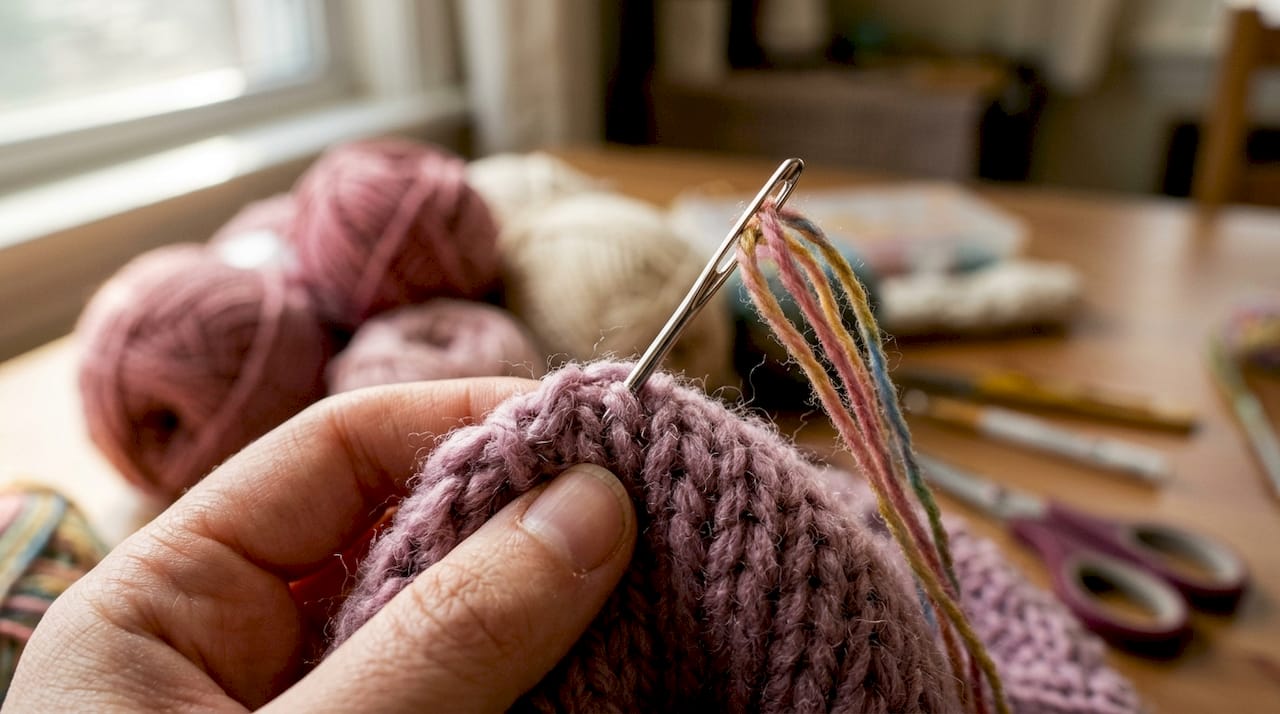 Close-up of tapestry needle in yarn fibers