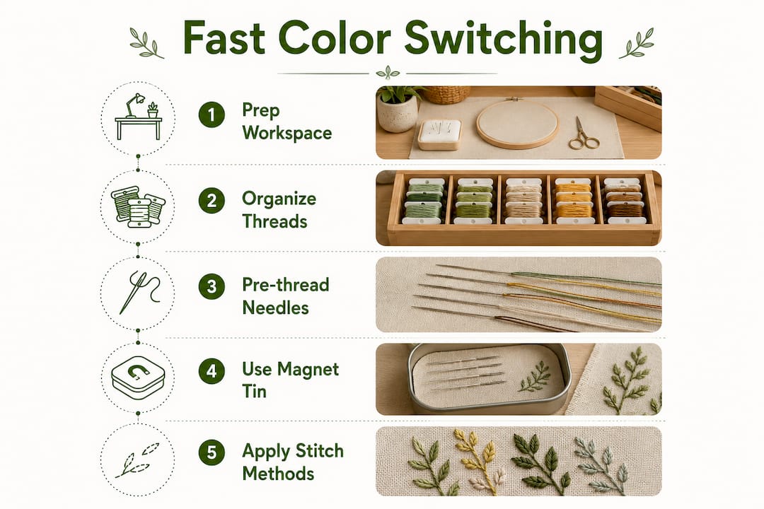 Infographic showing fast cross stitch color switching steps