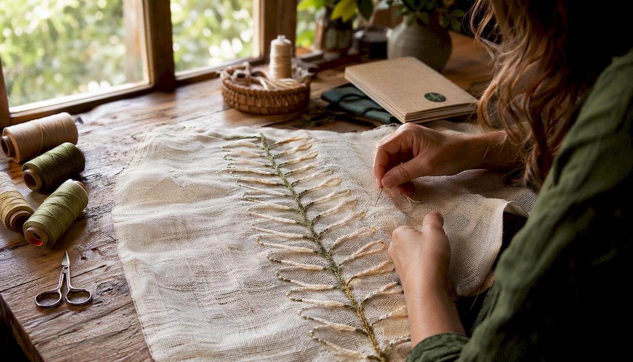 Detailed close-up of feather stitch loops on fabric