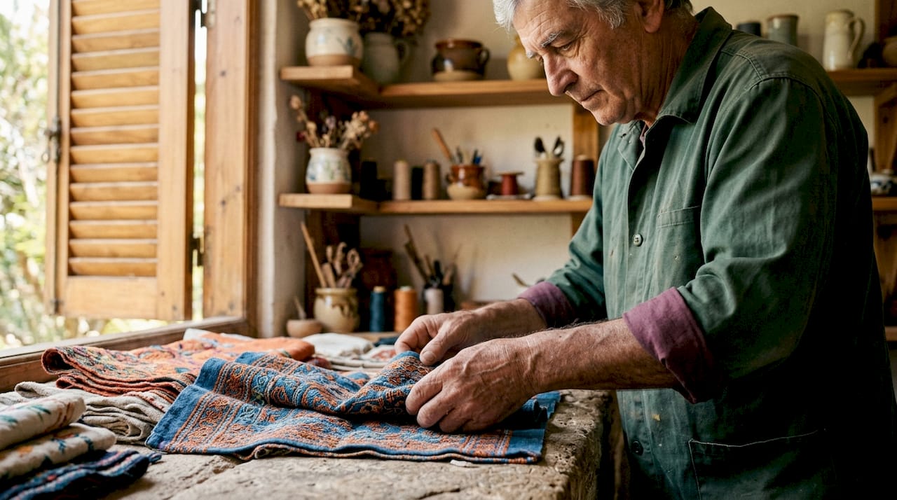 Hands sorting woven embroidery fabrics on table