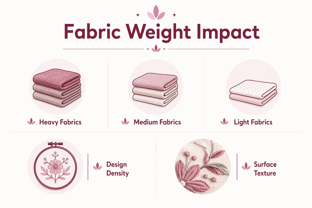 Infographic illustrating impact of fabric weight on embroidery results