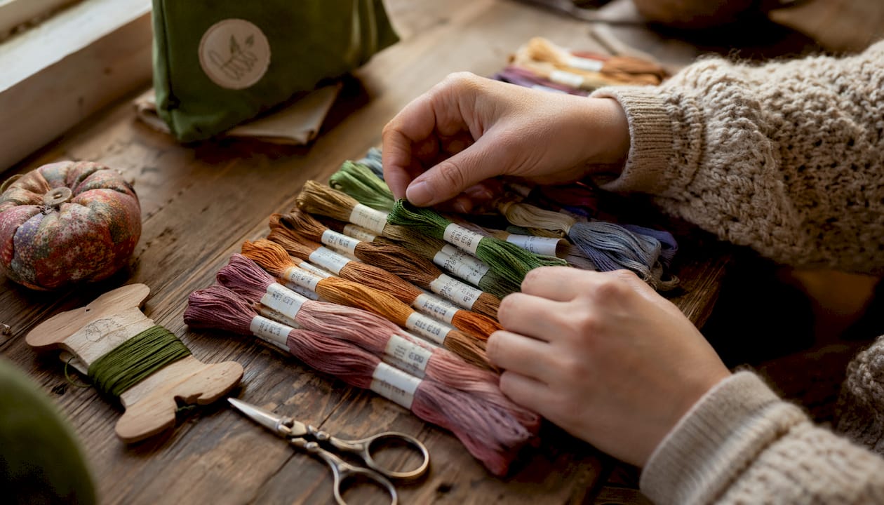 Close-up of sorted labeled embroidery floss skeins