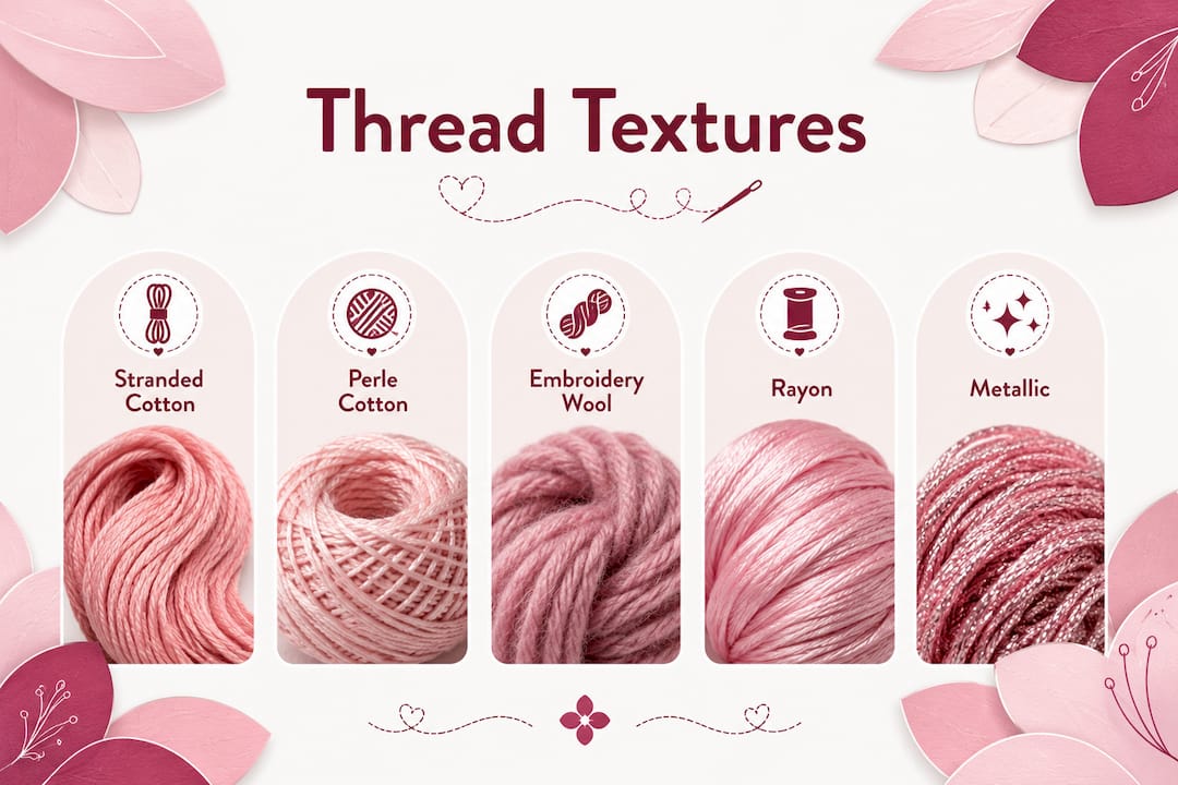 Infographic showing embroidery floss texture categories