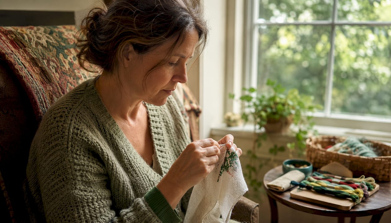 Woman stitching cross stitch without hoop outdoors