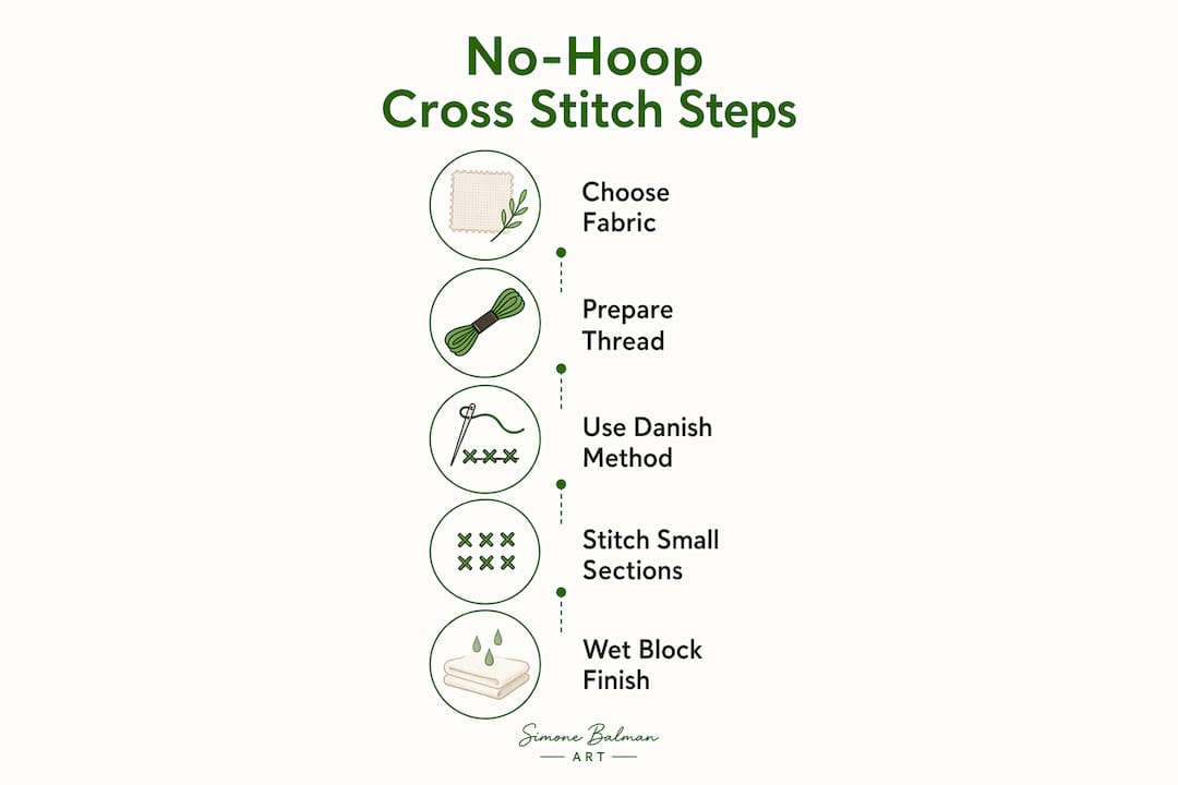 Infographic outlining no hoop cross stitch steps