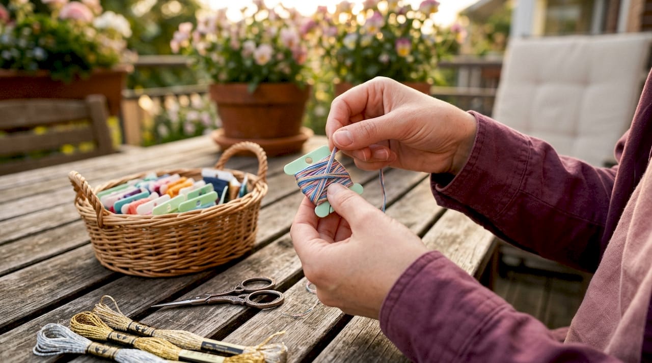 Hands winding thread onto bobbin with organizer box