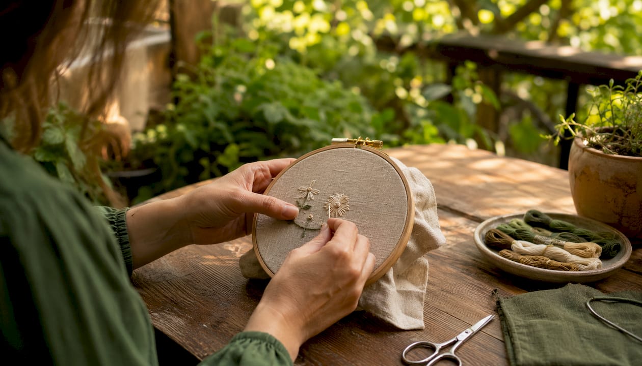 Close-up hands performing floral embroidery stitch