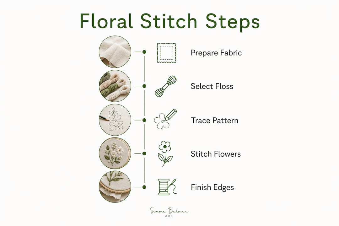 Infographic of beginner floral embroidery steps