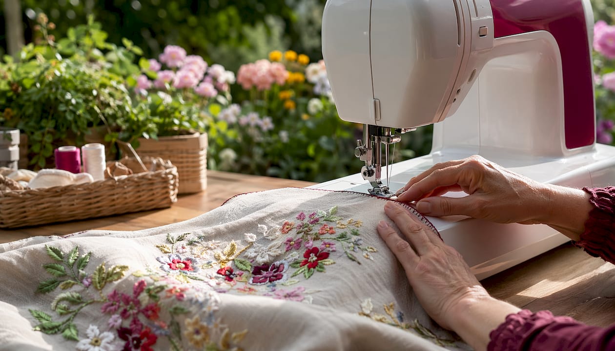 Hands securing fabric edges with sewing machine