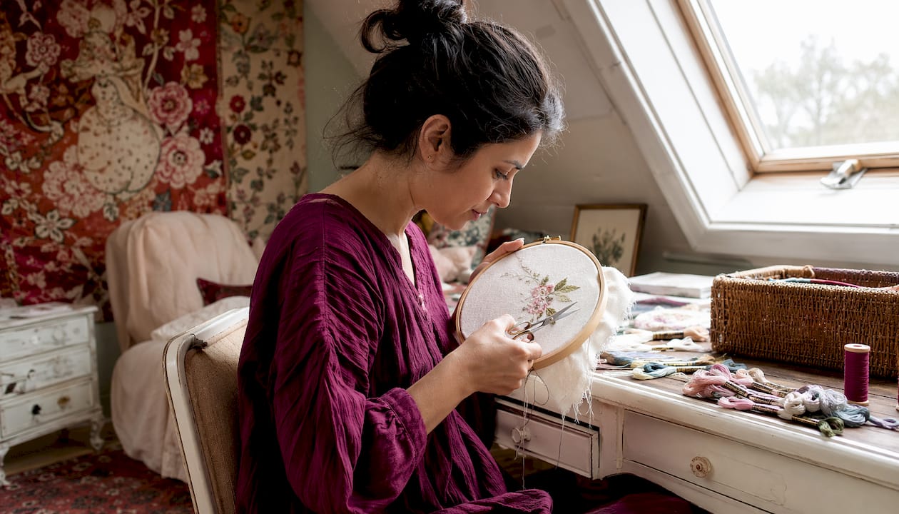 Woman trimming embroidery thread tails