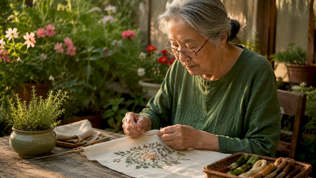 Elderly woman stitching with consistent needle direction