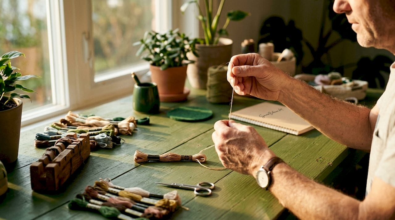 Overhead view of hands pulling thread from embroidery skein