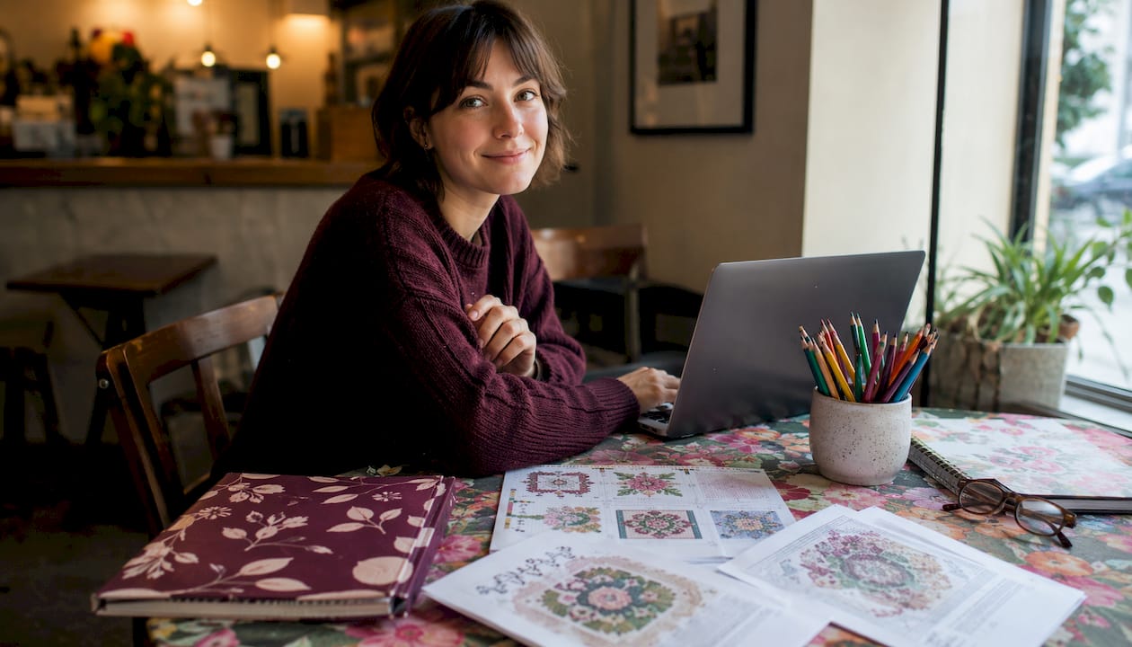 Person sorting printed and digital stitching patterns