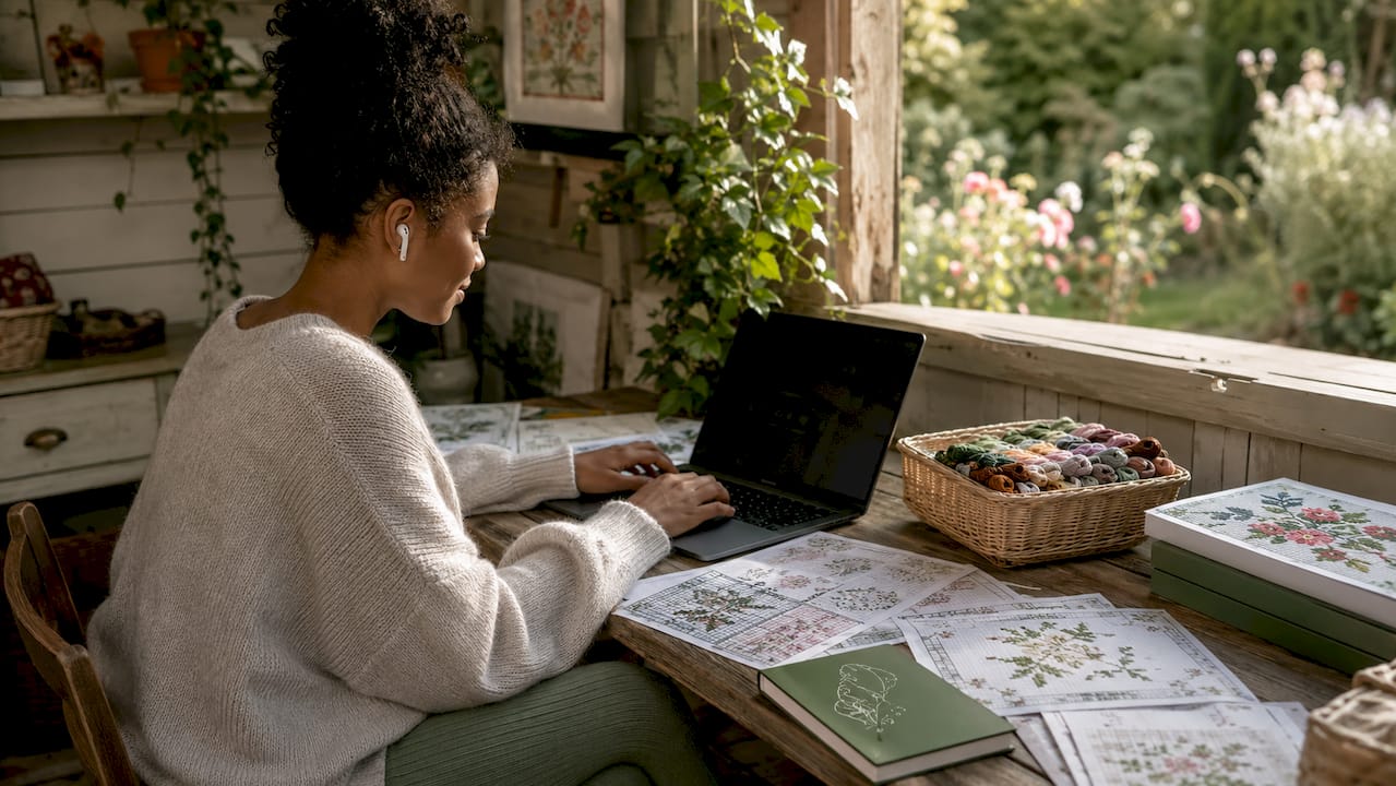 Woman organizing digital cross stitch patterns at laptop