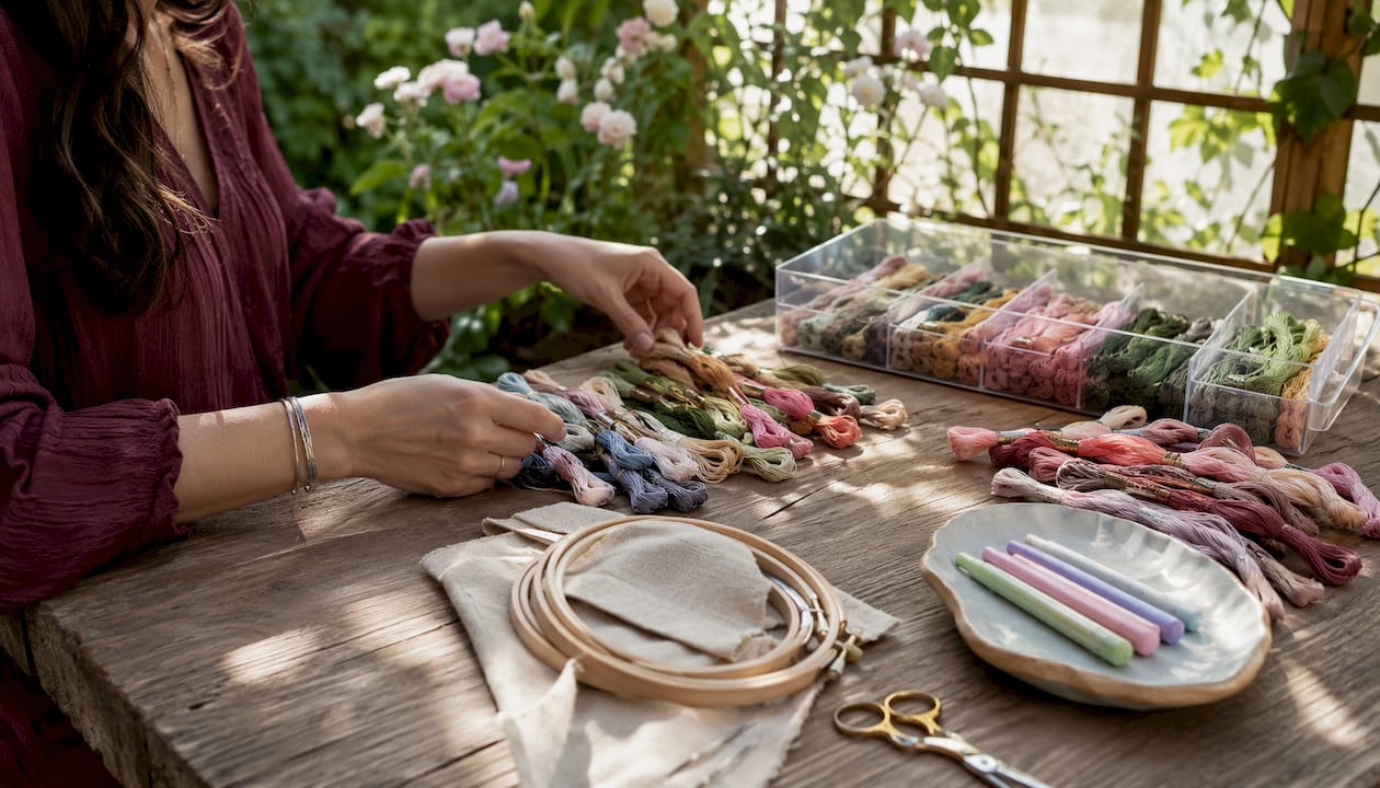 Hands organizing beginner embroidery supplies overhead view