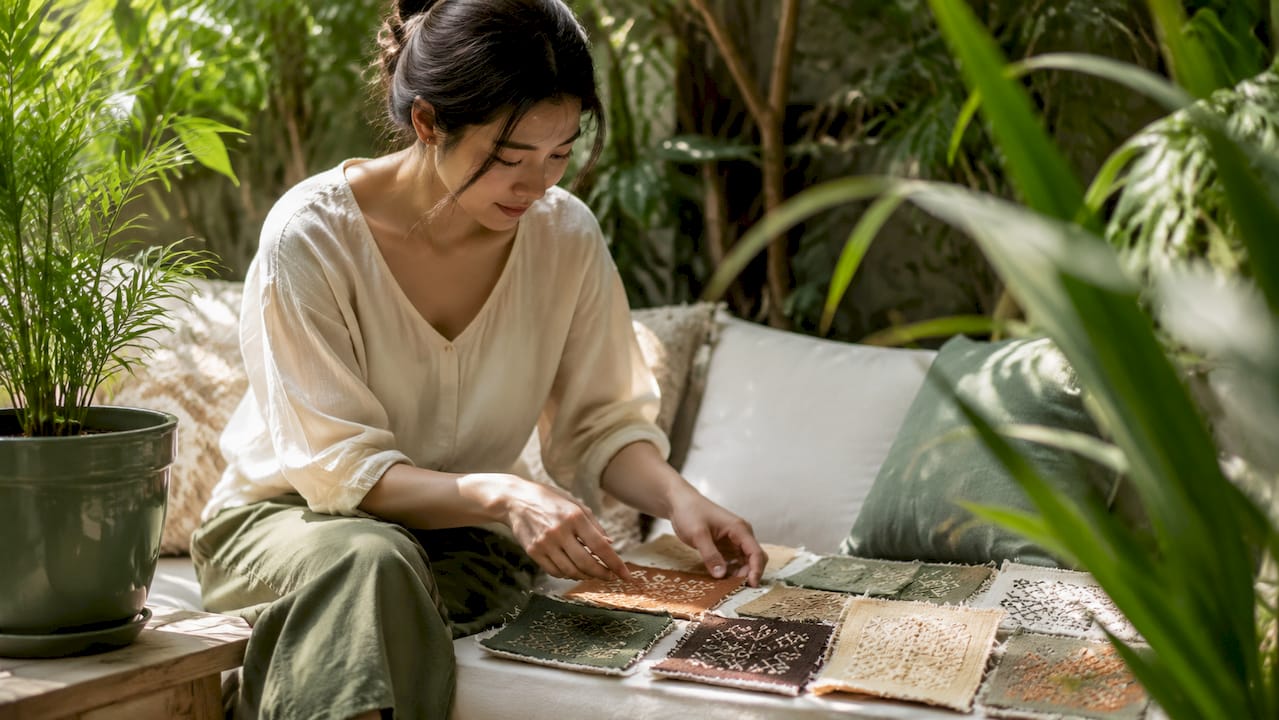 Woman arranging rice stitch embroidery motifs