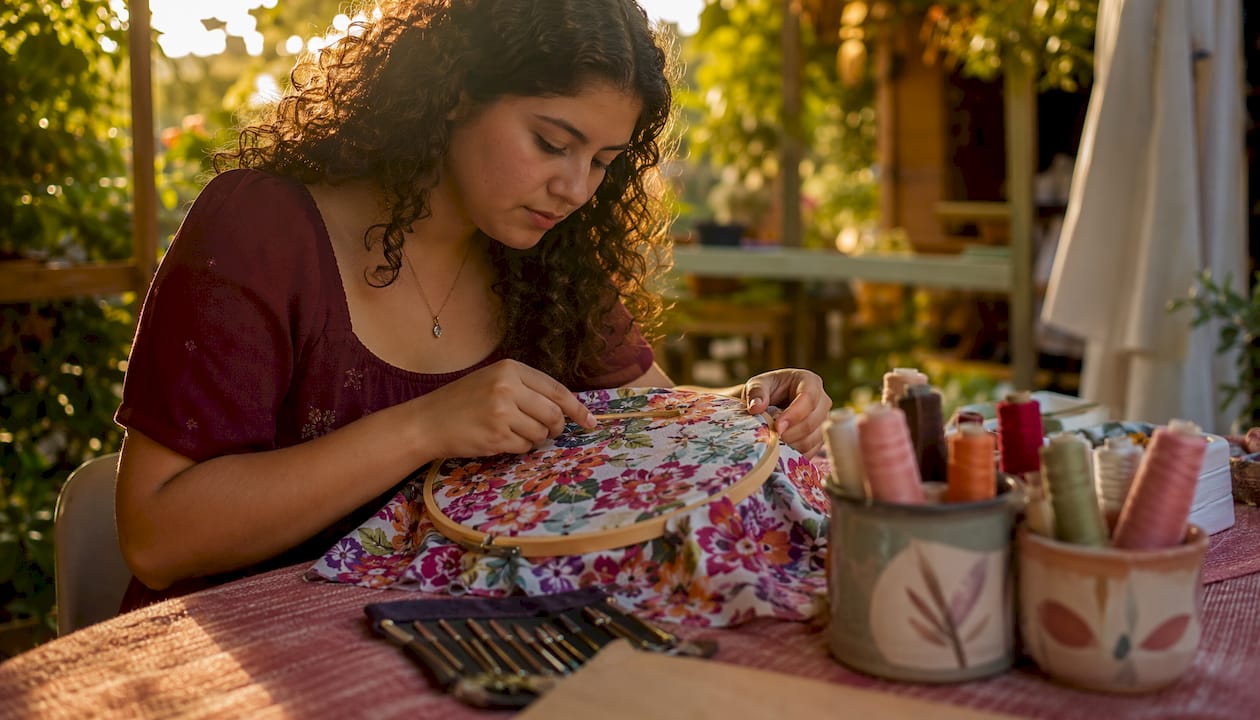 Woman tightening fabric in embroidery hoop outdoors