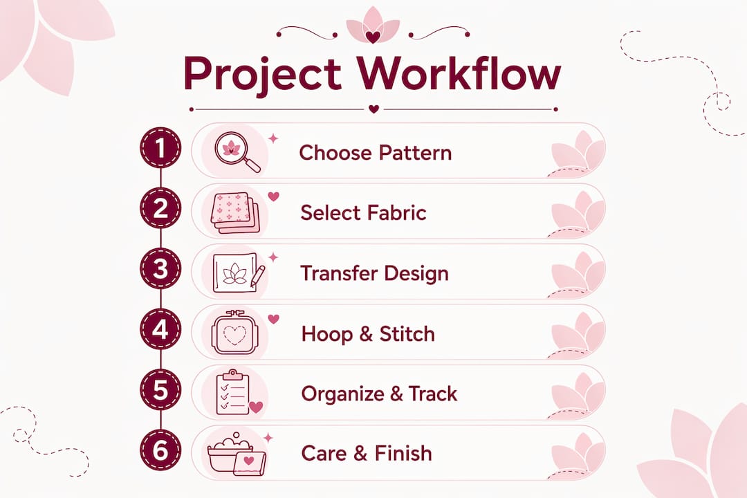 Infographic showing embroidery project workflow steps