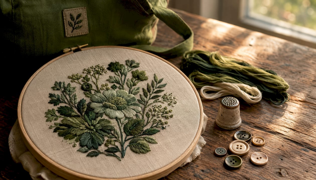 Close-up of monochromatic pink floral embroidery