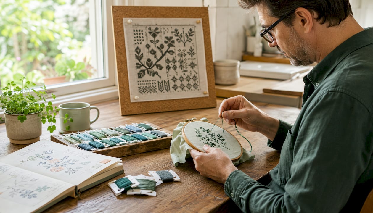 Man working on navy blue monochromatic stitching sampler