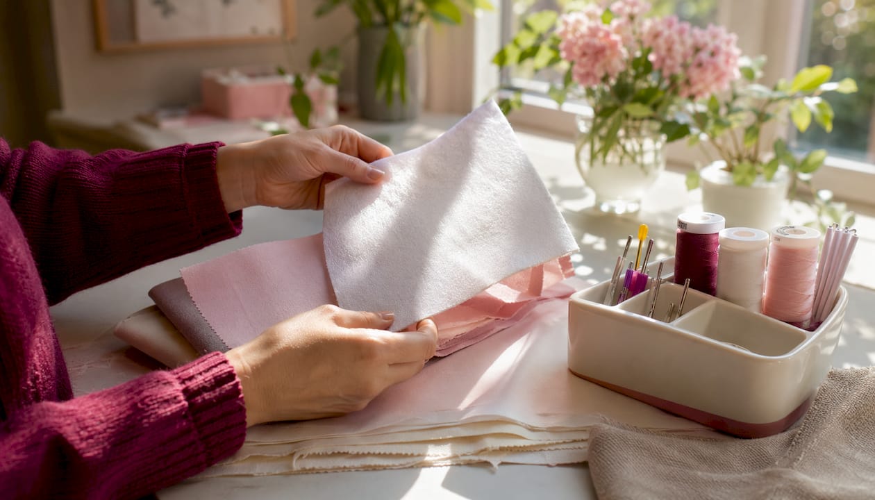 Hands comparing embroidery stabilizers and fabrics