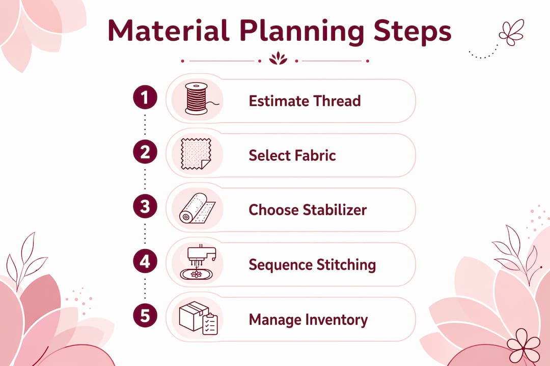 Infographic illustrating embroidery material planning steps
