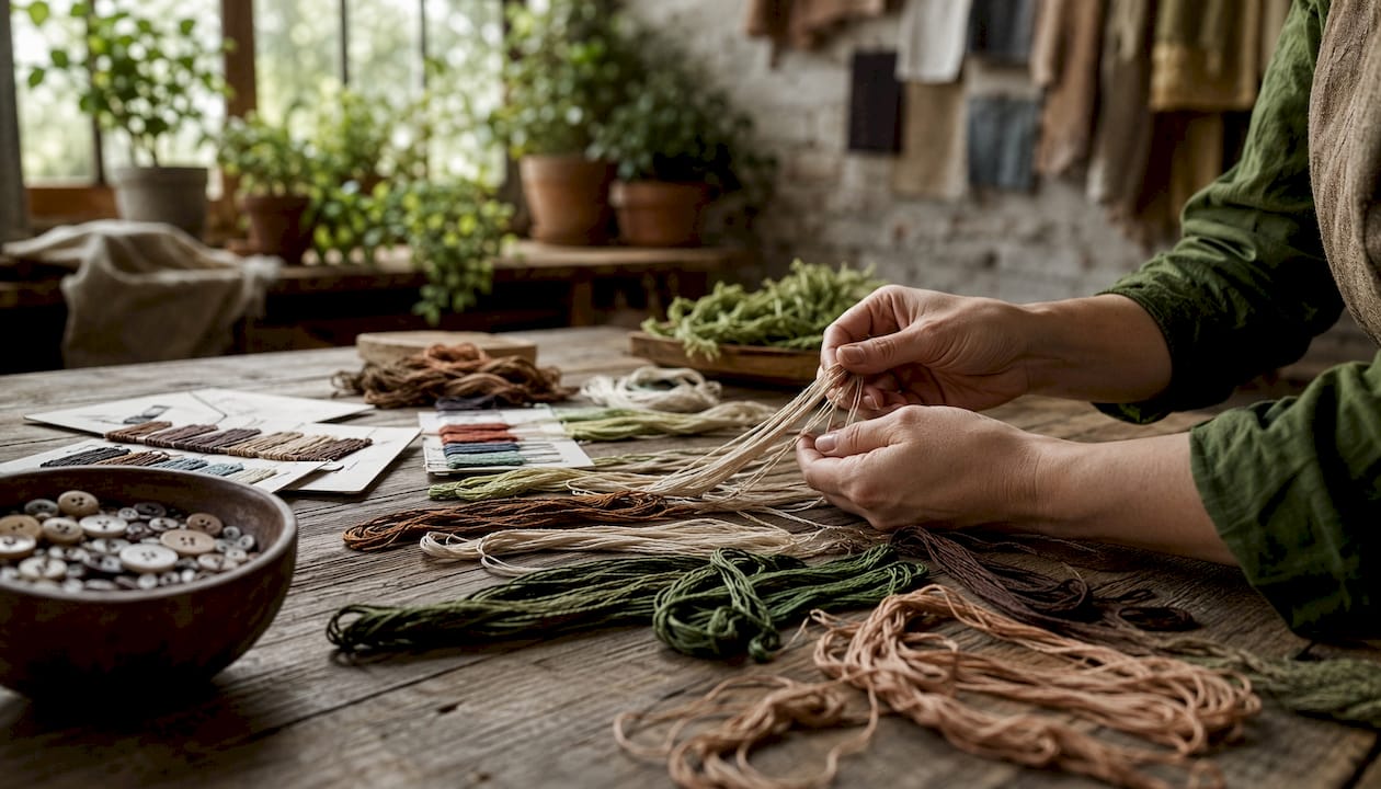 Hands comparing thread strands at craft table