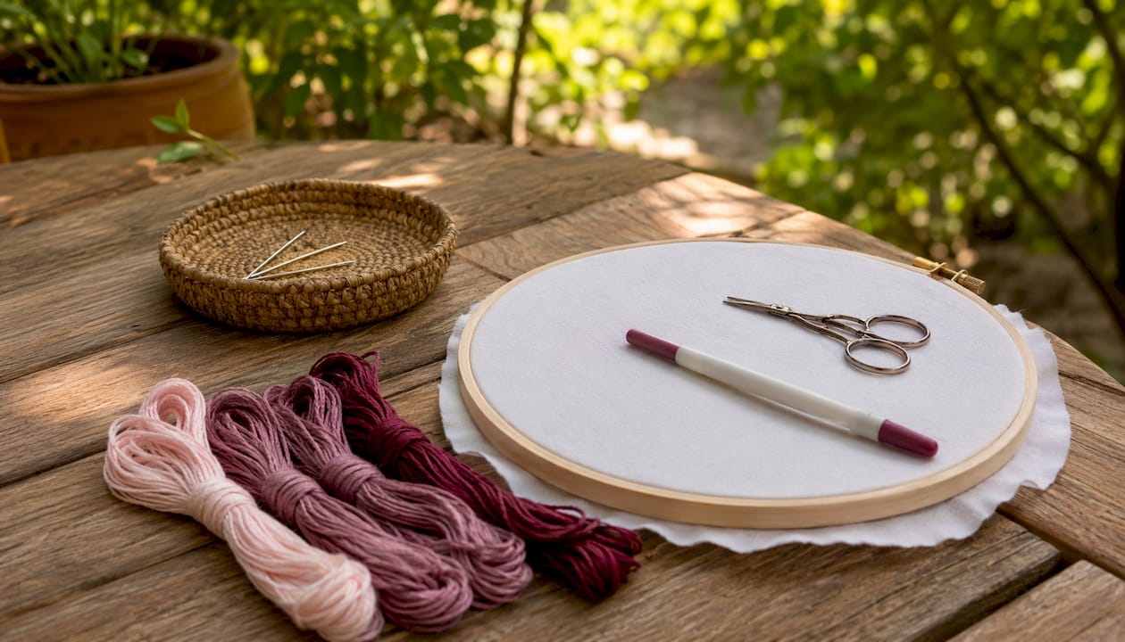 Embroidery supplies neatly arranged on table