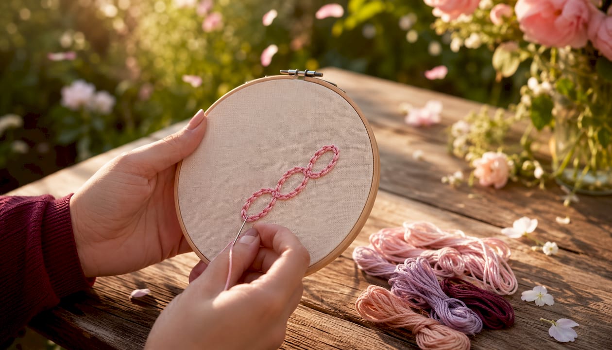 Close-up of fabric with three chain stitch links