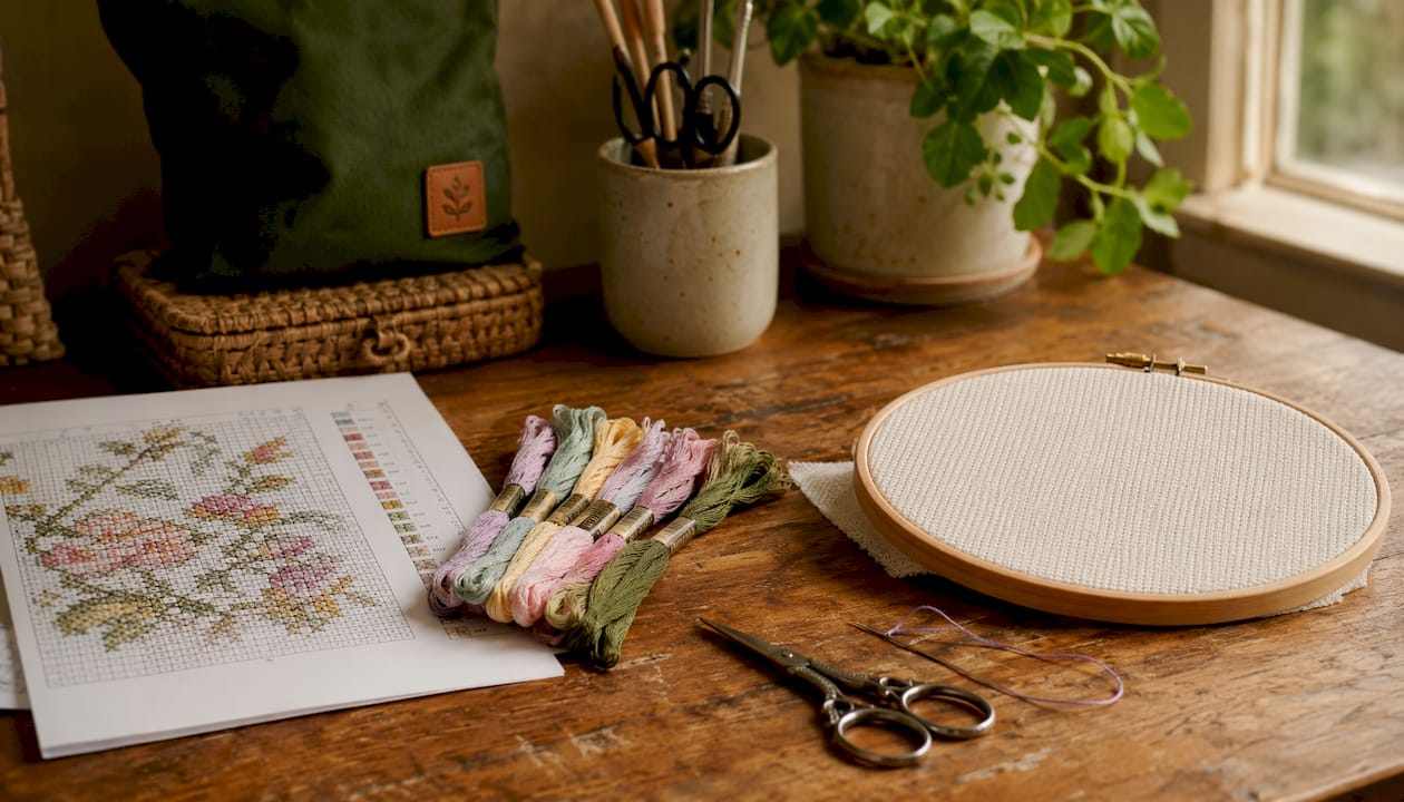 Close-up of counted cross stitch tools on wooden table