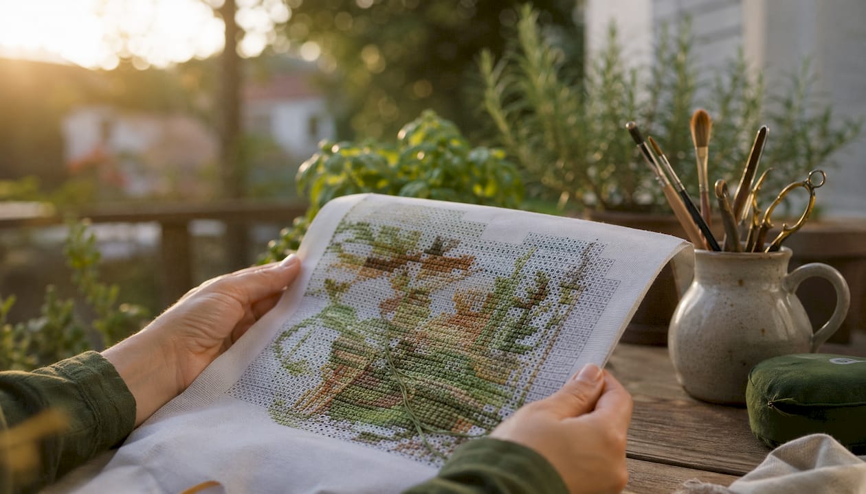 Stamped cross stitch pre-printed fabric with floss stitches