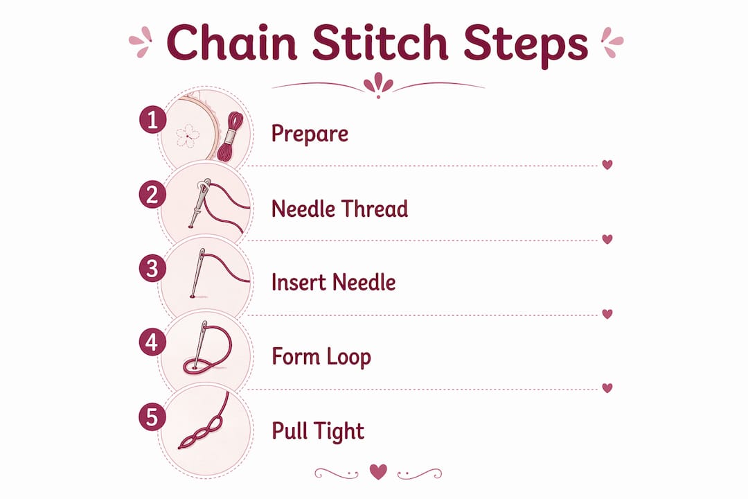 Infographic illustrating chain stitch steps vertically