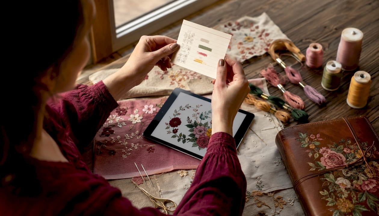 Hands holding embroidery notes card beside digital tablet