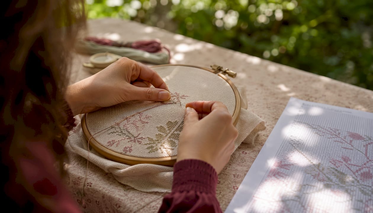 Close-up of hands working counted-thread embroidery
