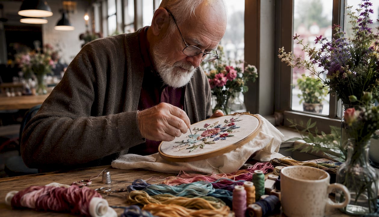 Man creating freestyle surface embroidery at desk