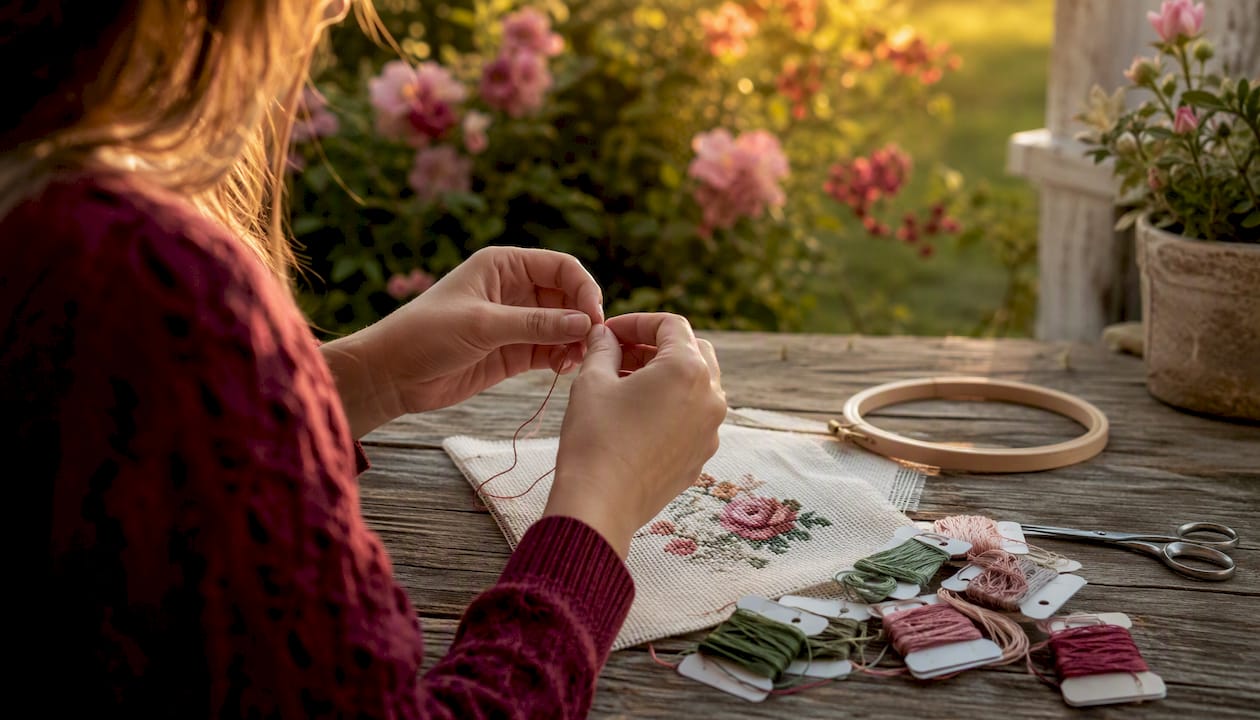 Close-up hands stitching cross stitch pattern