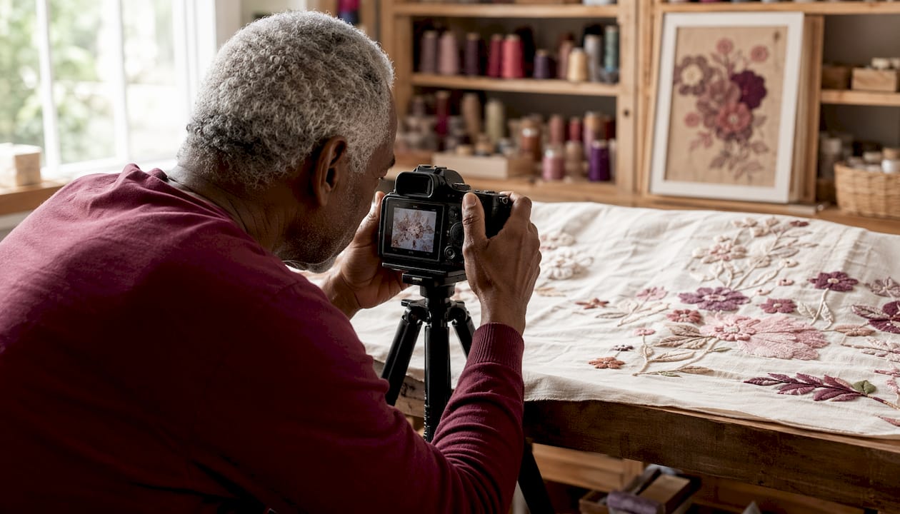Man photographing embroidered fabric for care records