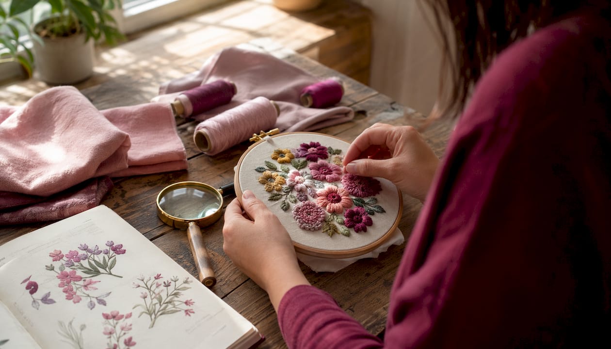 Hands inspecting embroidered stitches on hoop