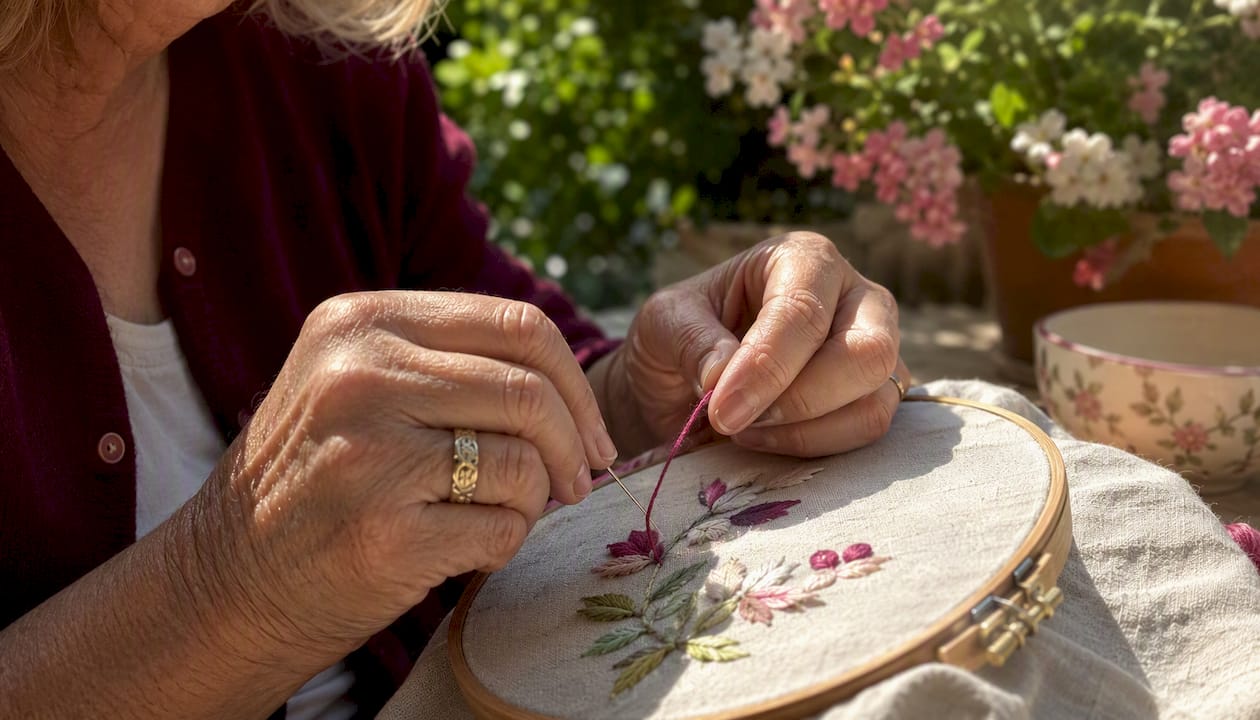 Close-up hands stitching surface embroidery on fabric
