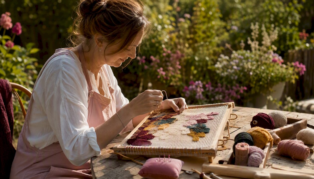 Person stitching canvas work needlepoint on frame